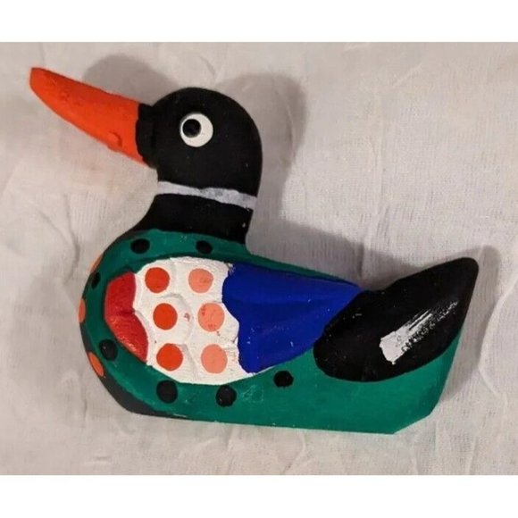 Handpainted Duck Wooden Carving Folk Art Decoy Miniature Colorful Figure Tiny - Picture 6 of 14